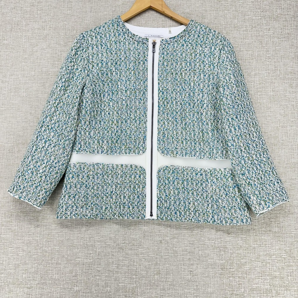 T Tahari Jacket Womens 14‎ Multicolor Tweed Collarless Full Zip Lined Career
